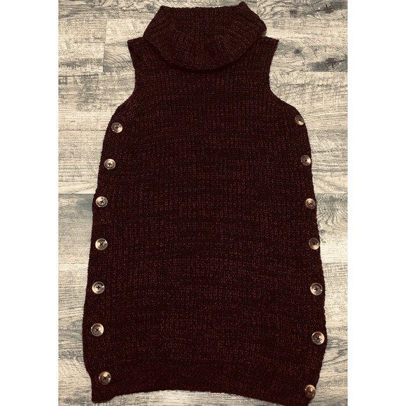Urban Outfitters Sz M Sweater Dress Turtleneck Maroon Black Sleeveless Tunic C51 - Picture 6 of 6